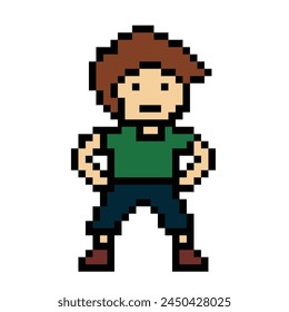 Cute pixel cartoon 8bit character man exercises training alone lifestyle vector for decoration life style 8 bit male boy exercise gym fitness warm up game fitness vector.