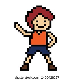 Cute pixel cartoon 8bit character man exercises training alone lifestyle vector for decoration life style 8 bit male boy exercise gym fitness warm up game fitness vector.