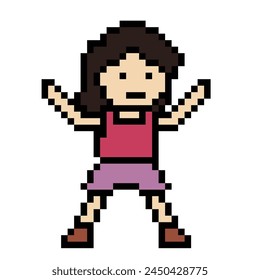 Cute pixel cartoon 8bit character woman exercises training alone lifestyle vector decoration life style 8 bit female girl exercise gym fitness warm up game fitness vector.