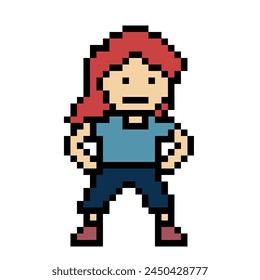 Cute pixel cartoon 8bit character woman exercises training alone lifestyle vector decoration life style 8 bit female girl exercise gym fitness warm up game fitness vector.