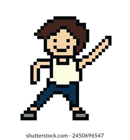 Cute pixel cartoon 8bit character man exercises training alone lifestyle vector for decoration life style 8 bit male boy exercise gym fitness warm up game fitness dance vector.