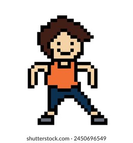 Cute pixel cartoon 8bit character man exercises training alone lifestyle vector for decoration life style 8 bit male boy exercise gym fitness warm up game fitness dance vector.