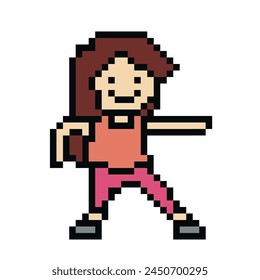 Cute pixel cartoon 8bit character woman exercises training alone lifestyle vector decoration life style 8 bit female girl exercise gym fitness warm up game fitness vector.