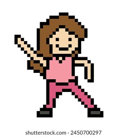 Cute pixel caricatura 8 bit personaje mujer ejercicios entrenamiento solo estilo de vida decoración de Vector estilo de vida 8 bit chica femenina ejercicio fitness Vector de acondicionamiento físico del juego de calentamiento.