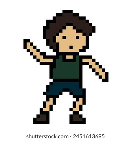 Cute pixel cartoon 8bit character man exercises training alone lifestyle vector for decoration life style 8 bit male boy exercise gym fitness warm up game fitness dance vector.