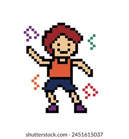 Lindo pixel caricatura 8 bit personaje hombre ejercicios entrenamiento baile estilo de vida Vector para la decoración estilo de vida 8 bit chico baile con nota de música juego fitness Vector.