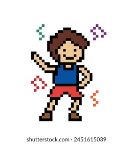 Cute pixel cartoon 8bit character man exercises training dance lifestyle vector for decoration life style 8 bit male boy dance with music note game fitness vector.