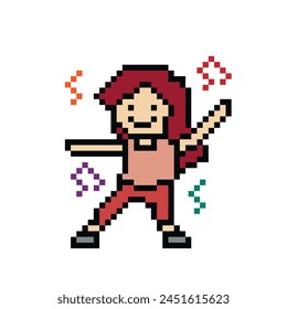 Cute pixel caricatura 8 bits personaje mujer ejercicios de entrenamiento baile estilo de vida decoración de Vector estilo de vida 8 bits chica baile con nota de música juego fitness Vector.