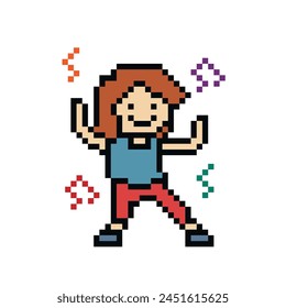 Cute pixel caricatura 8 bits personaje mujer ejercicios de entrenamiento baile estilo de vida decoración de Vector estilo de vida 8 bits chica baile con nota de música juego fitness Vector.