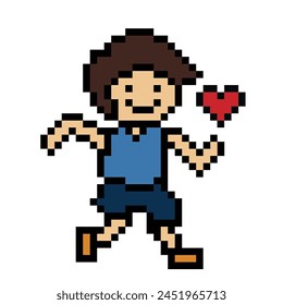 Cute pixel cartoon 8bit character man run or running with heart lifestyle vector decoration life style 8 bit male boy marathon exercise fitness vector.