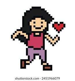 Cute pixel cartoon 8bit character woman run or running with heart lifestyle vector decoration life style 8 bit female girl marathon exercise fitness vector.