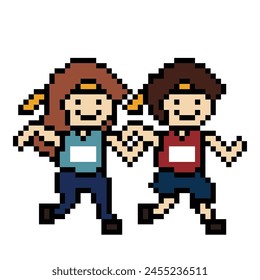 Cute pixel cartoon 8bit character man woman run together running lifestyle vector decoration life style 8 bit run together love marathon bib exercise vector.