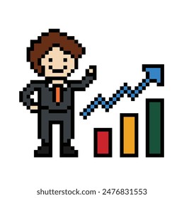 Cute pixel cartoon 8bit character business man businessman smart chart graph game vector for decoration business 8 bit male career smart character game vector.