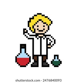 Cute pixel cartoon 8bit character doctor or scientist game care vector for decoration pharmacist doctor in hospital 8 bit male pixel art vector.