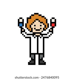 Cute pixel cartoon 8bit character doctor or scientist game care vector for decoration pharmacist doctor in hospital 8 bit male pixel art vector.