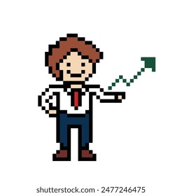 Cute pixel cartoon 8bit character business man businessman smart work life office game for decoration business 8 bit male career smart character game vector.