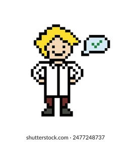 Cute pixel cartoon 8bit character doctor or scientist game health care for decoration pharmacist doctor in hospital 8 bit male pixel art vector.