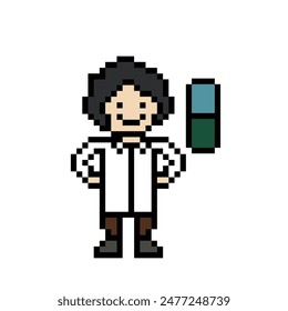 Cute pixel cartoon 8bit character doctor or scientist game health care for decoration pharmacist doctor in hospital 8 bit male pixel art vector.