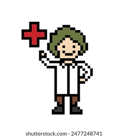 Cute pixel dibujos animados 8bit personaje doctor o científico juego cuidado de la salud para la decoración farmacéutico doctor en el hospital 8 bit macho pixel art Vector.