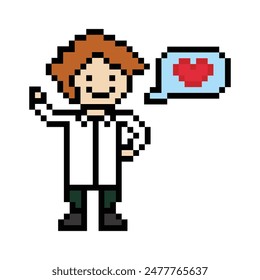 Cute pixel cartoon 8bit character doctor or scientist game health care for decoration pharmacist doctor in hospital 8 bit male pixel art vector.