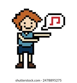 Cute pixel cartoon 8bit character man exercises training dance lifestyle vector decoration life style 8 bit male boy dance with music game fitness isolated vector.