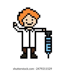 Cute pixel cartoon 8bit character doctor or scientist game care vector for decoration pharmacist doctor in hospital 8 bit male pixel art vector.