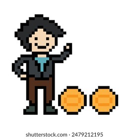 Cute pixel cartoon 8bit character business man businessman smart game vector for decoration business 8 bit male career smart character game vector.