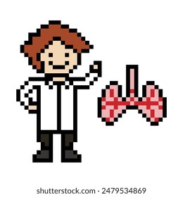 Cute pixel cartoon 8bit character man doctor or scientist game care vector for decoration pharmacist male doctor in hospital 8 bit male pixel art vector.