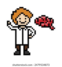 Cute pixel caricatura 8bit personaje hombre doctor o científico juego cuidado Vector para la decoración farmacéutico masculino doctor en el Vector de arte de píxel masculino de 8 bits.