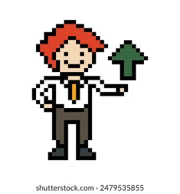 Lindo pixel caricatura 8 bits personaje hombre de negocios hombre de negocios Vector de juego inteligente para el negocio de la decoración 8 bits carrera masculina Vector de juego de personaje inteligente.