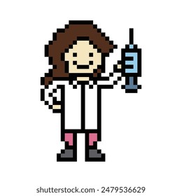 Cute pixel cartoon 8bit character woman doctor or scientist game care vector for decoration pharmacist female doctor in hospital 8 bit male pixel art vector.