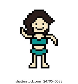 Cute pixel cartoon 8bit character woman bikini or swimming suit game summer beach  vacation for decoration lifestyle female bikini cartoon 8 bit holiday relax pixel art vector.