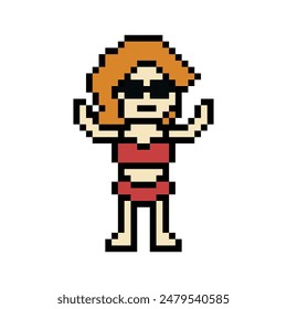 Cute pixel cartoon 8bit character woman bikini or swimming suit game summer beach  vacation for decoration lifestyle female bikini cartoon 8 bit holiday relax pixel art vector.