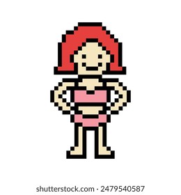 Nette Pixel Cartoon 8bit Charakter Frau Bikini oder Badeanzug Spiel Sommer Strand Urlaub für Dekoration Lifestyle Weibliche Bikini Cartoon 8 bit Urlaub entspannen Pixel Art Vektorgrafik.