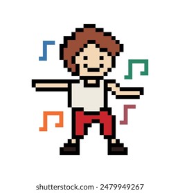Netter Pixel Cartoon 8bit Charakter Mann trainiert Tanz Lifestyle Vektorgrafik Dekoration Lebensstil 8 bit männlicher Boydance mit Musikspiel Fitness Isolierte Vektorgrafik.