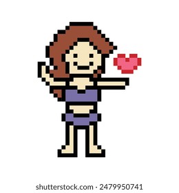 Cute pixel cartoon 8bit character woman bikini or swimming suit game summer beach vacation for decoration lifestyle female bikini cartoon 8 bit holiday relax pixel art vector.