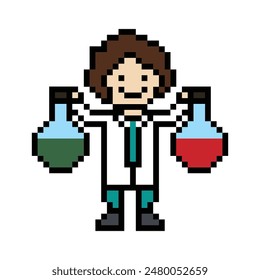 Cute pixel cartoon 8bit character doctor or scientist game health care for decoration pharmacist doctor in hospital 8 bit male pixel art vector.