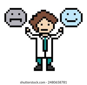 Cute pixel cartoon 8bit character man doctor or scientist game care for decoration pharmacist male doctor in hospital 8 bit male pixel art vector.