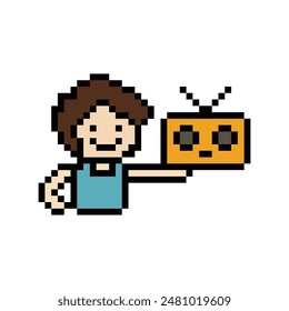 Cute pixel cartoon 8bit character man exercises training dance lifestyle music decoration life style 8 bit male boy dance with music game fitness isolated vector.