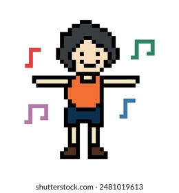 Cute pixel cartoon 8bit character man exercises training dance lifestyle music decoration life style 8 bit male boy dance with music game fitness isolated vector.