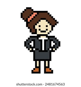 Cute pixel cartoon 8bit character business woman businesswoman smart work life office game isolated for decoration business 8 bit female career smart character game vector.