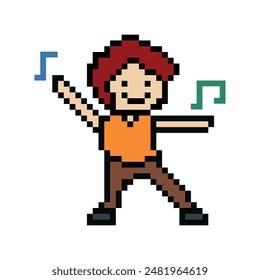 Cute pixel cartoon 8bit character man exercises training dance lifestyle music decoration life style 8 bit male boy dance with music game fitness isolated vector.