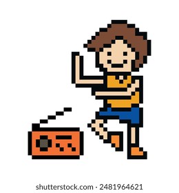 Netter Pixel Cartoon 8bit Charakter Mann trainiert Tanz Lifestyle Musikdekoration Lebensstil 8 bit männlicher Boydance mit Musikspiel Fitness Isolierte Vektorgrafik.