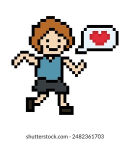 Cute pixel cartoon 8bit character man run or running jog lifestyle for decoration life style 8 bit male jog marathon exercise vector.