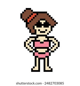 Nette Pixel Cartoon 8bit Charakter Frau Bikini oder Badeanzug Spiel Sommer Strand Urlaub für Dekoration Lifestyle Weibliche Bikini Cartoon 8 bit Urlaub entspannen Pixel Art Vektorgrafik.