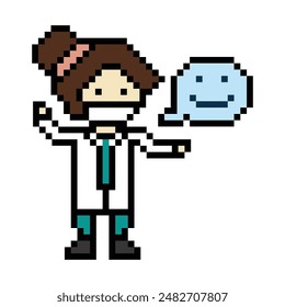 Cute pixel cartoon 8bit character woman doctor or scientist game care for decoration pharmacist female doctor in hospital 8 bit male pixel art vector.