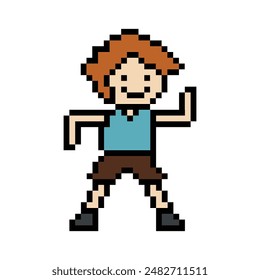 Netter Pixel Cartoon 8bit Charakter Mann trainiert Tanz Lifestyle Musikdekoration Lebensstil 8 bit männlicher Boydance mit Musikspiel Fitness Isolierte Vektorgrafik.