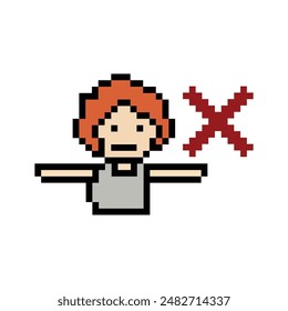 Cute pixel cartoon 8bit character man reject say no or deny stop decoration disapproval 8 bit male boy disagreement with game fitness isolated vector.