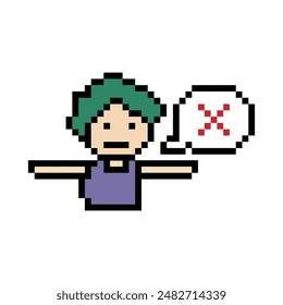 Cute pixel cartoon 8bit character man reject say no or deny stop decoration disapproval 8 bit male boy disagreement with game fitness isolated vector.