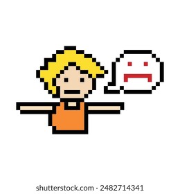 Cute pixel cartoon 8bit character man reject say no or deny stop decoration disapproval 8 bit male boy disagreement with game fitness isolated vector.